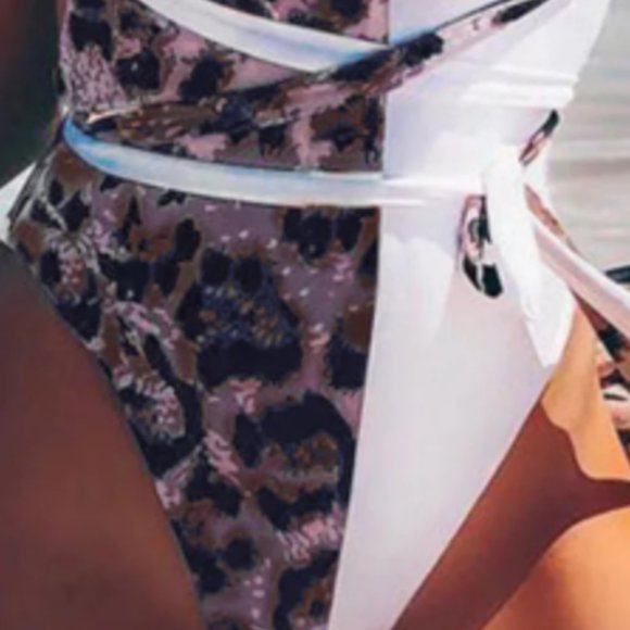 Leopard Print Color Block Plunge Monokini - Picture 2 of 5